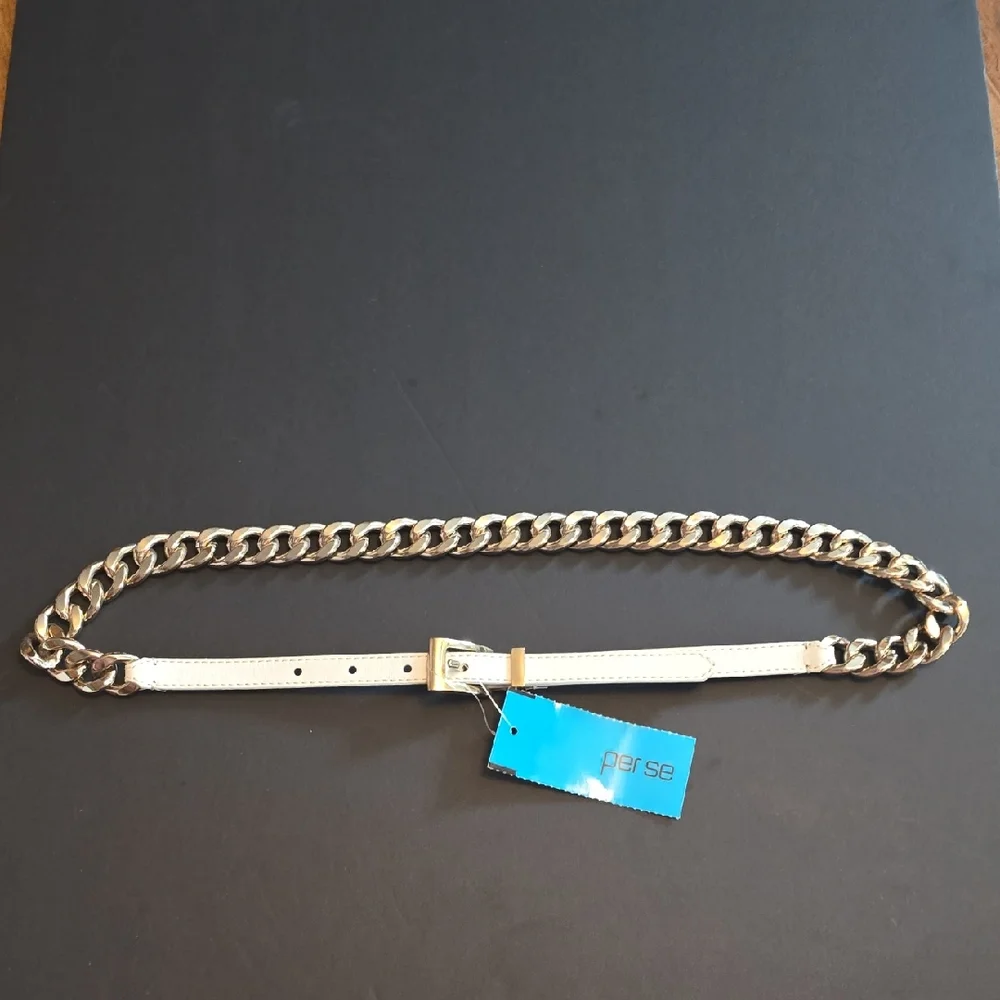 Per Se White and Gold Tone Chain Belt, Sz S NWT